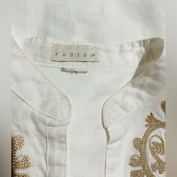Tweeds linen shirt embroidered bohemian white summer resort costal women’s XL - Picture 8 of 8